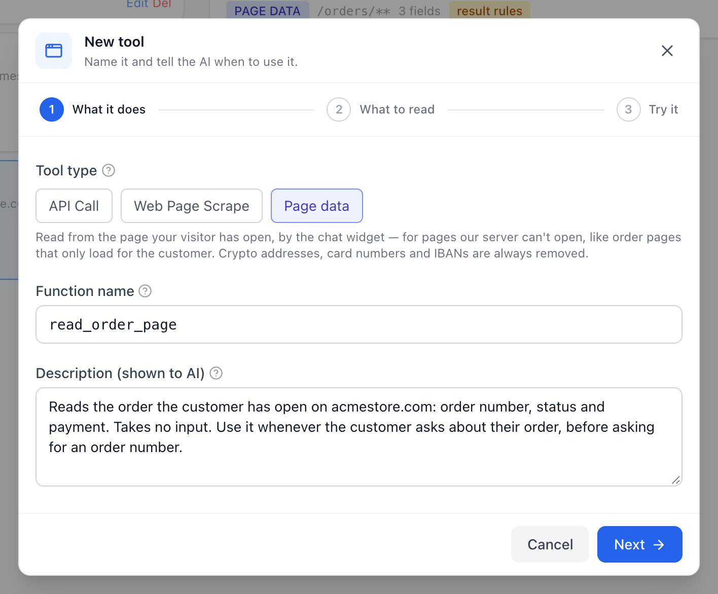 The new-tool dialog with Page data selected as the tool type
