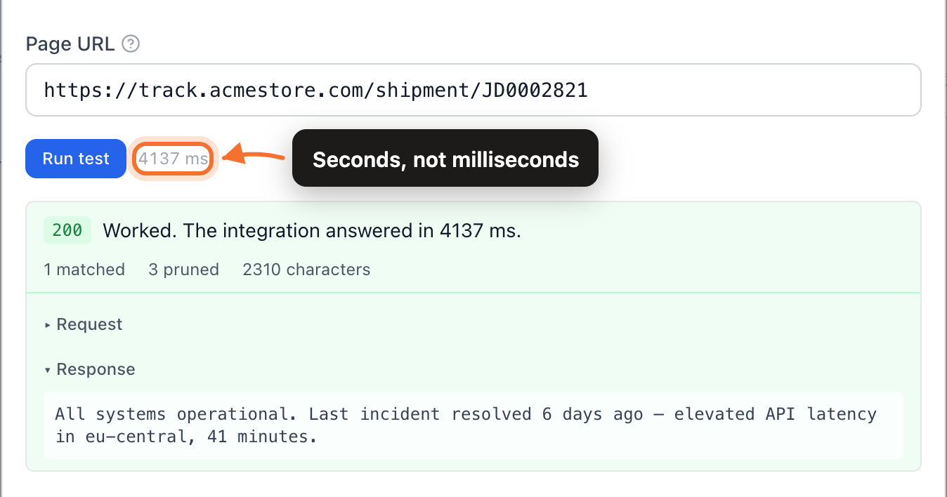A scraper test result taking four seconds, against the parser’s fraction of one