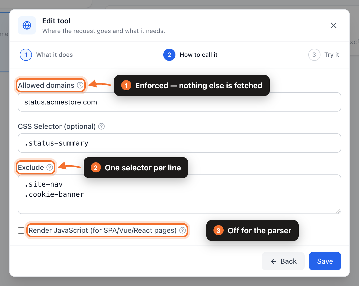 The How to call it step for a parser: allowed domains, CSS selector, Exclude, Render JavaScript off
