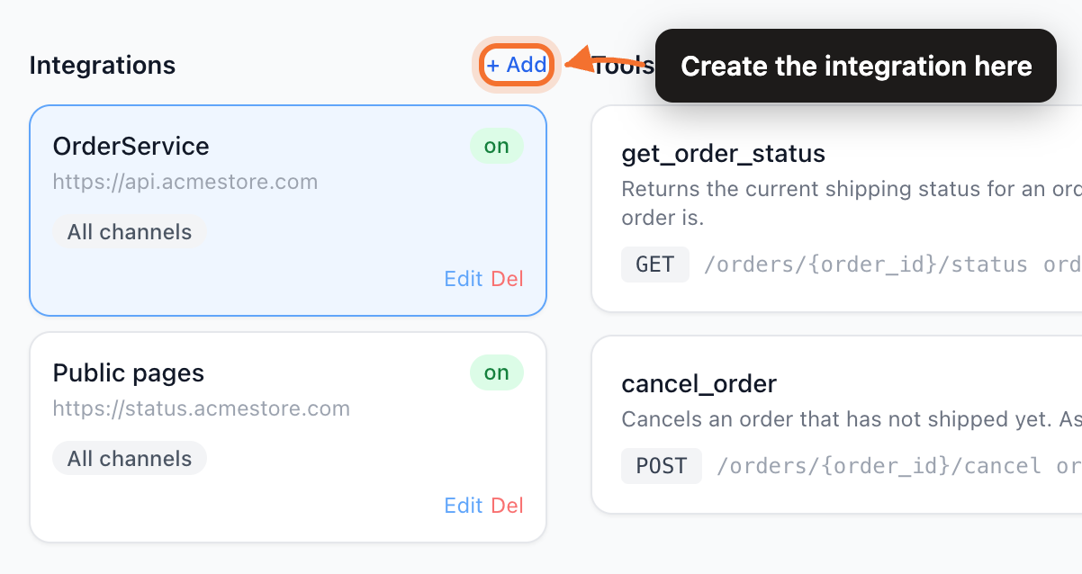 The Integrations page, with the + Add button above the integrations list