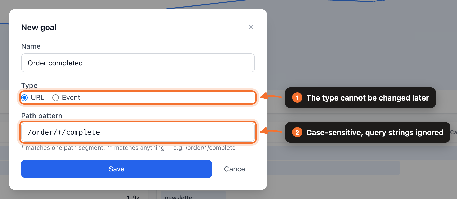 Creating a URL goal with the path pattern /order/*/complete
