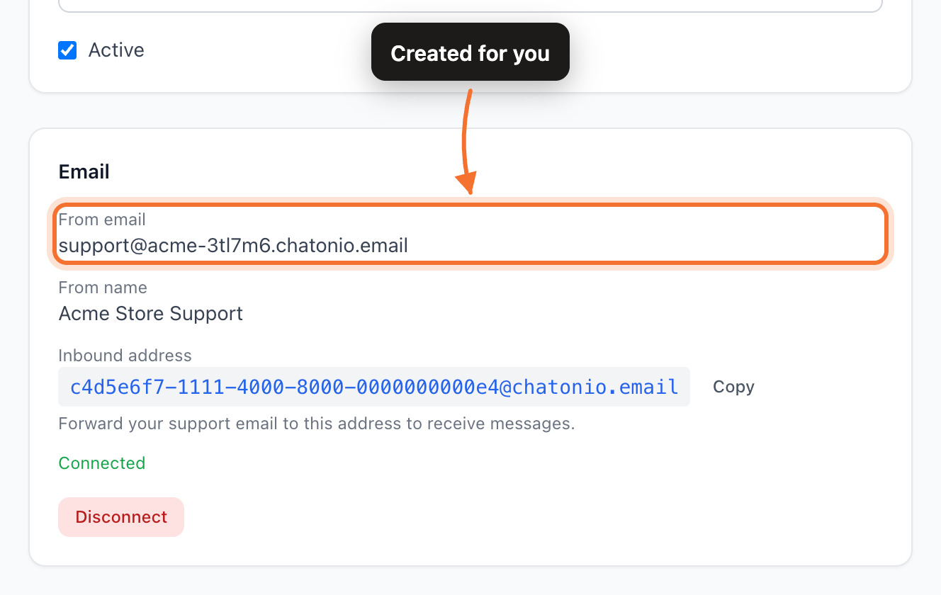 A connected channel sending from a Chatonio address