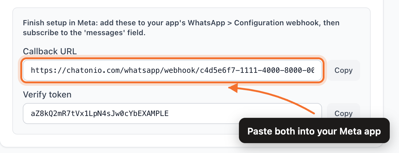 The Callback URL and Verify token Chatonio shows after connecting, to paste into Meta