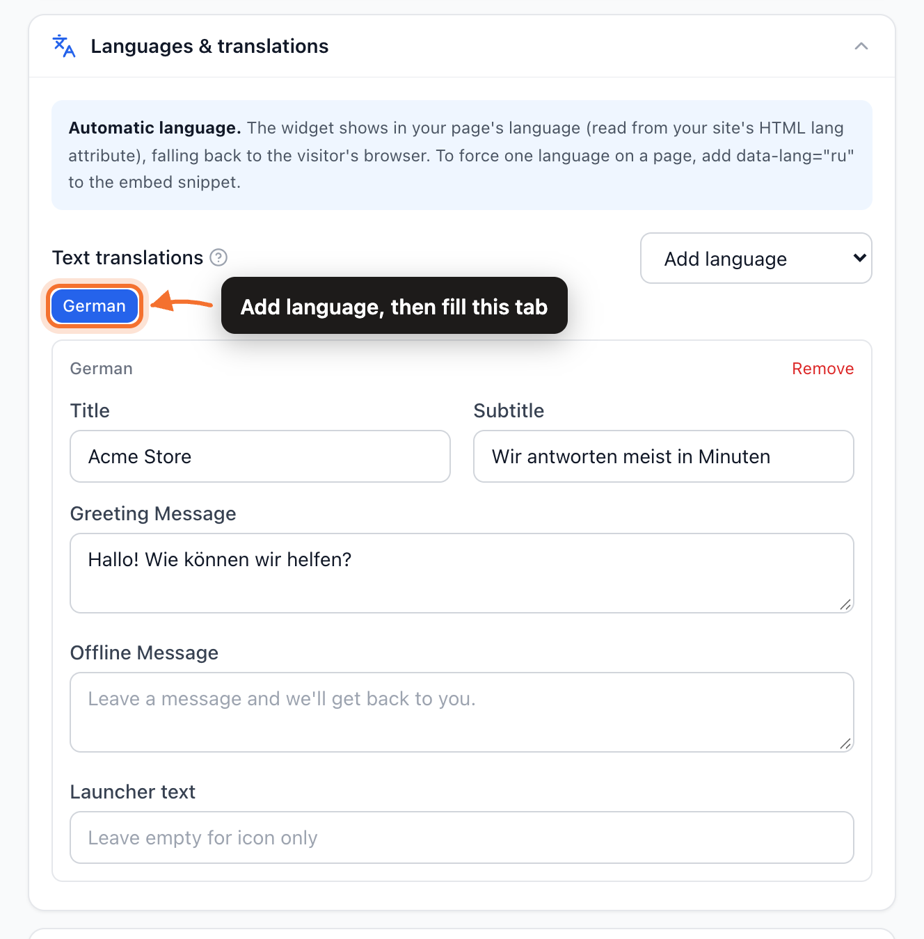 The Languages and translations section with the Text translations block and a German tab