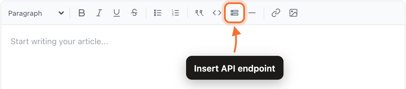 The editor toolbar with the Insert API endpoint button highlighted