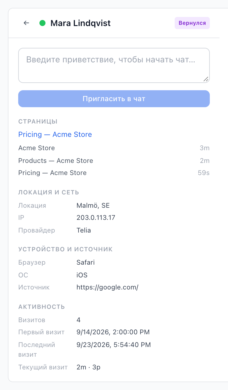 Панель деталей посетителя: поле приглашения, страницы, локация, устройство и активность