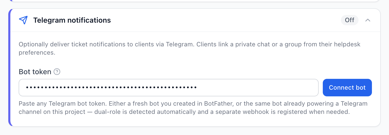 The Telegram notifications section with a bot token pasted in and the Connect bot button