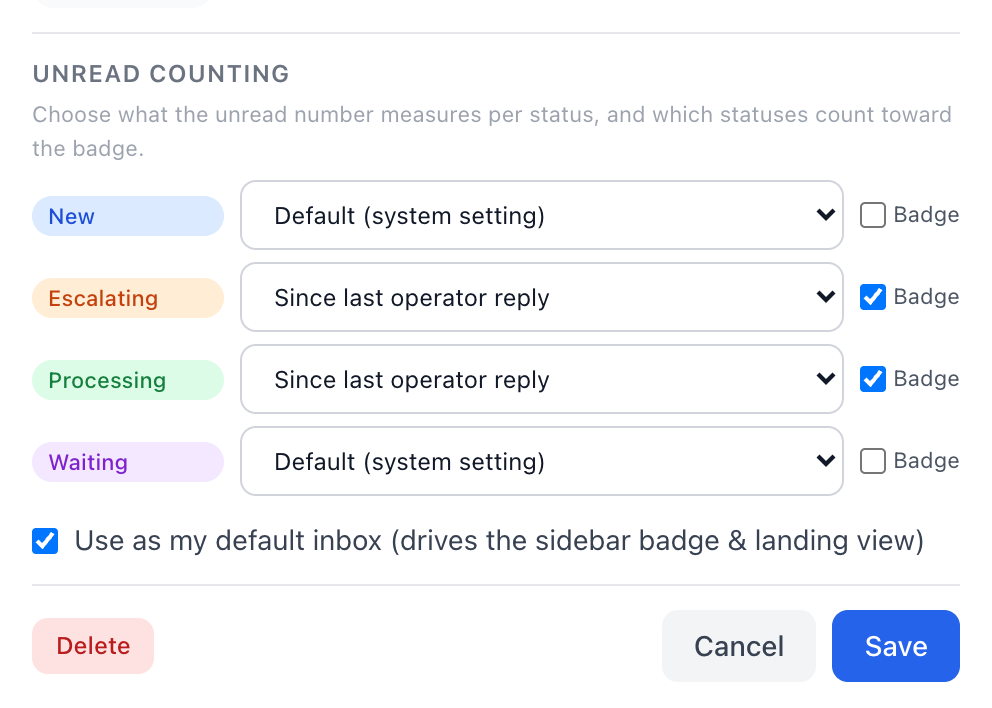 The saved recipe: Escalating and Processing counted since the last operator reply