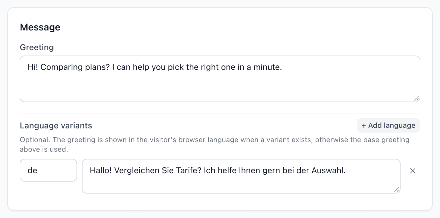 The Message card: the greeting and a German language variant