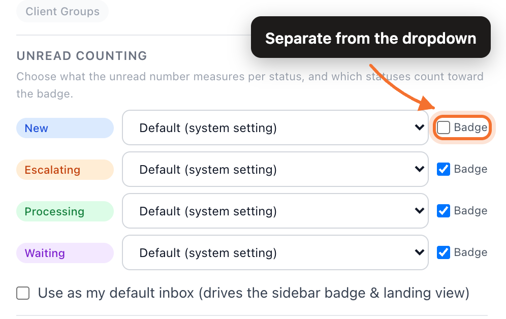 The Unread counting section, with a per-status baseline and a separate Badge checkbox