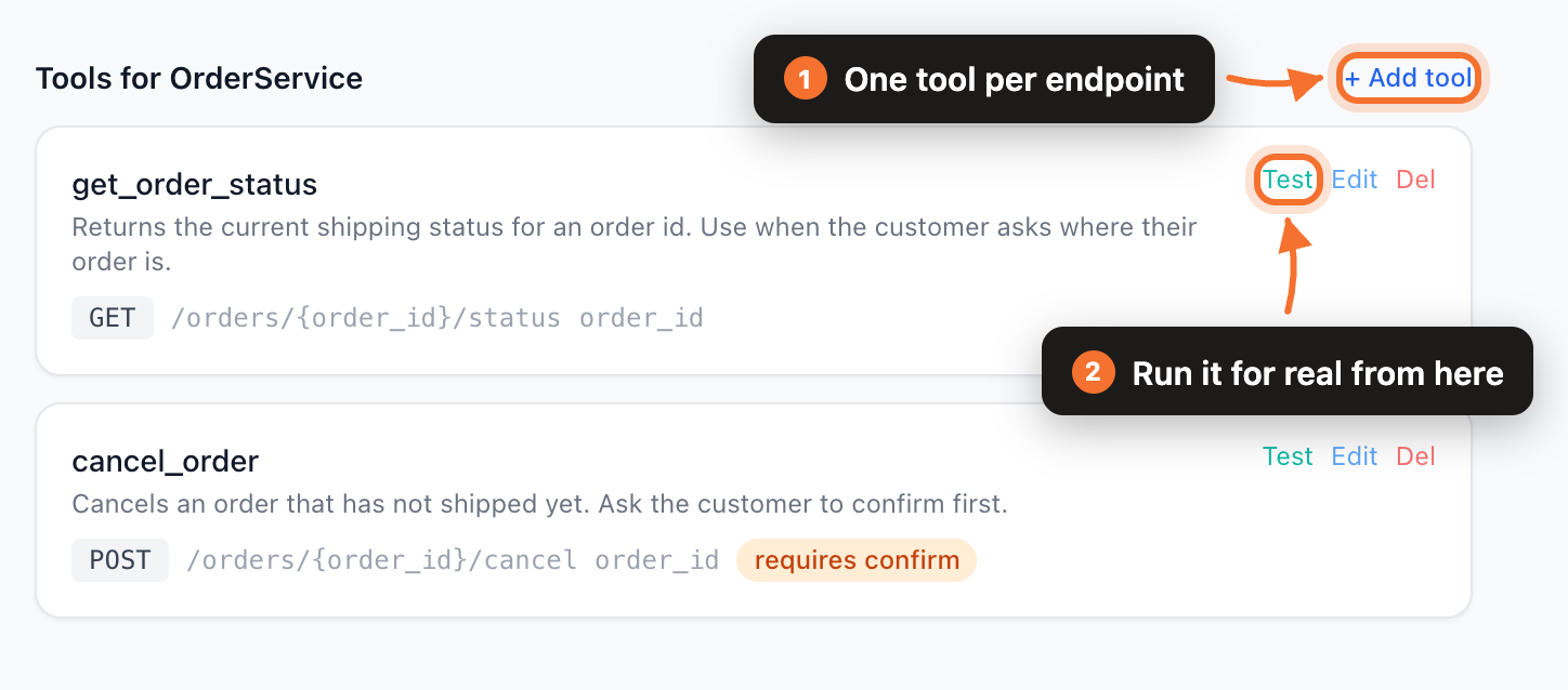 The tools column with the + Add tool button and the Test action on a tool row