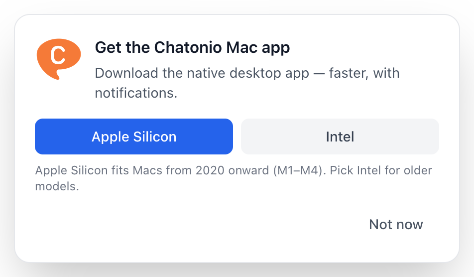 The download prompt Chatonio shows when you sign in from a Mac browser