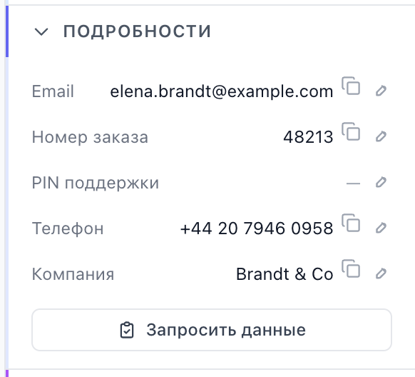 Раздел «Подробности» диалога: email, номер заказа, пустой PIN поддержки, телефон и компания — с кнопками копирования и редактирования, а под ними кнопка «Запросить данные»