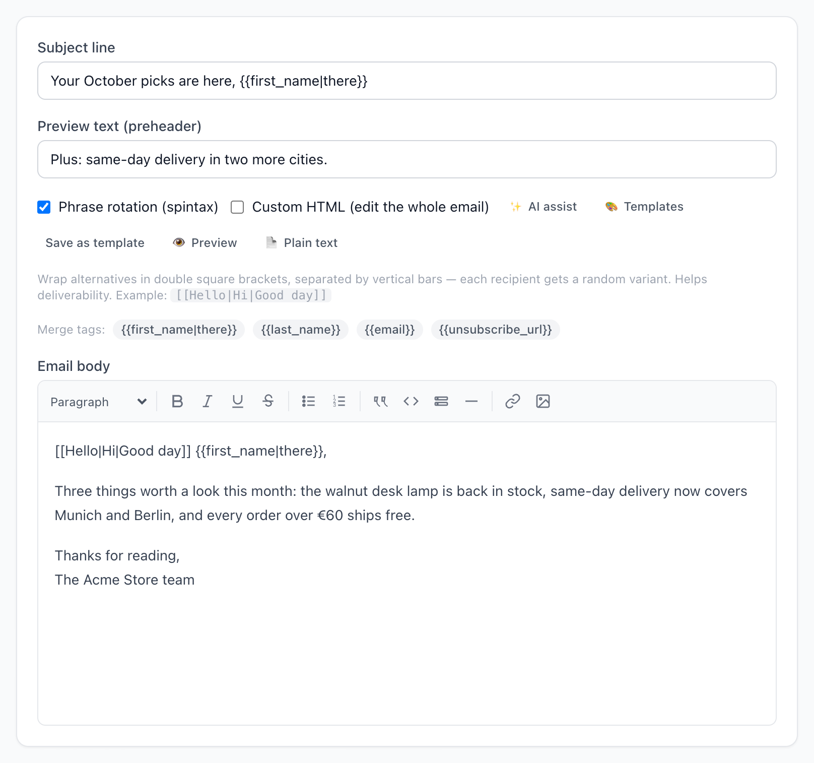 The campaign composer: subject line, preview text, the spintax and Custom HTML toggles, the merge-tag chips and the editor