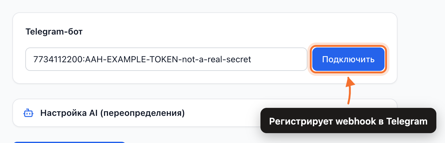 Карточка «Telegram-бот» со вставленным токеном и выделенной кнопкой «Подключить»