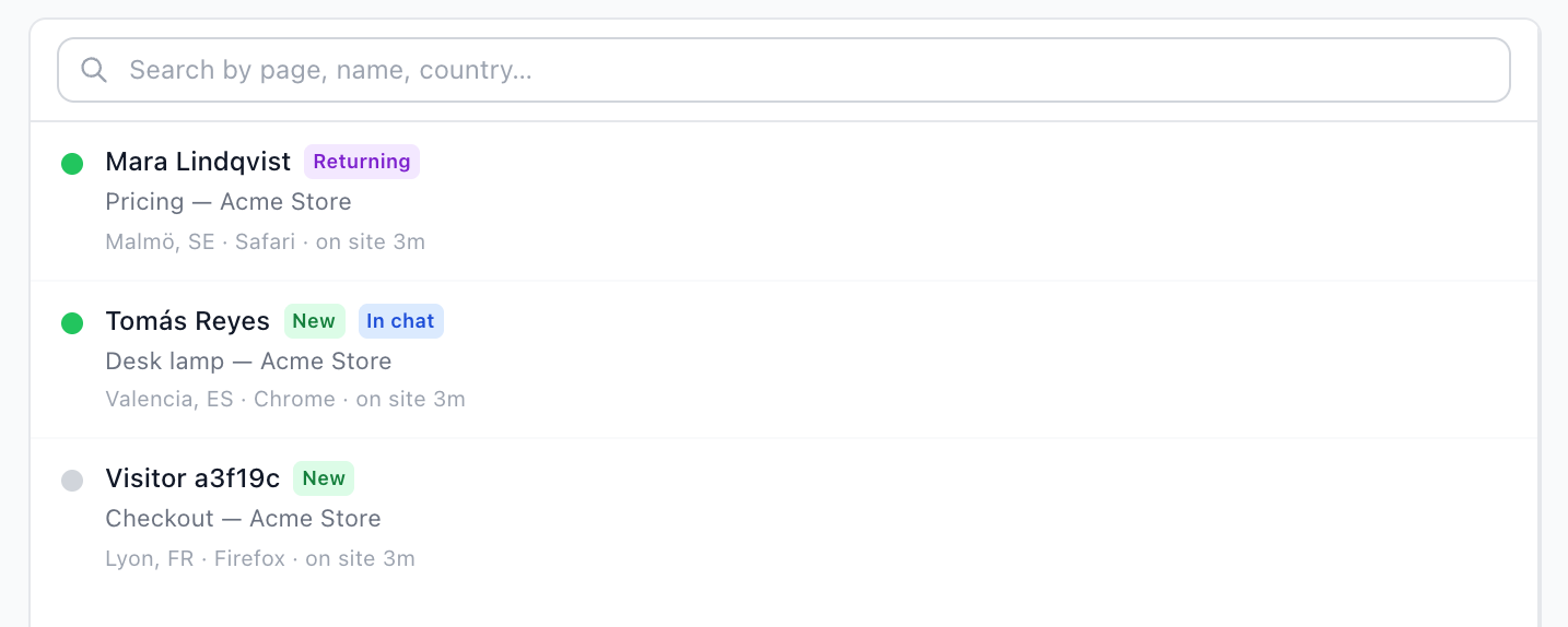 The Live tab listing visitors with Returning, New and In chat badges
