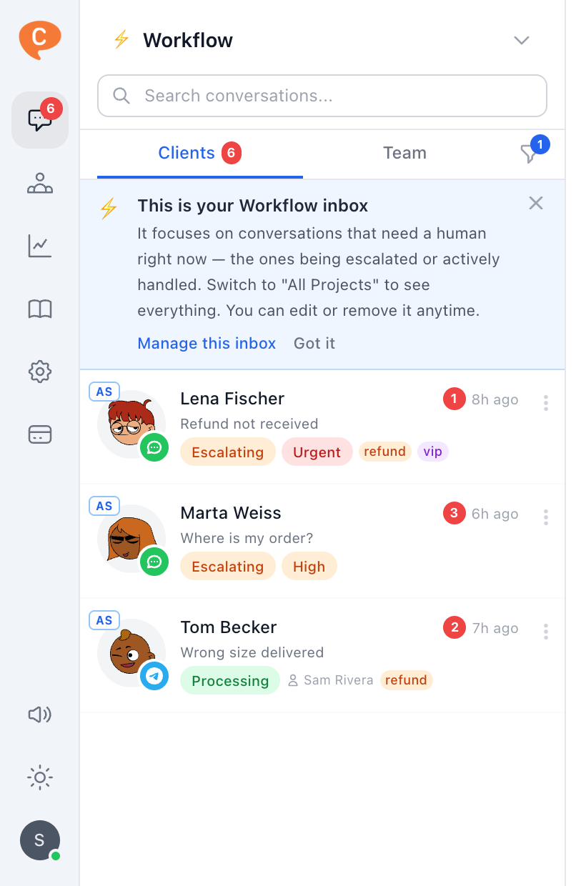 The Workflow inbox: three live conversations and a sidebar badge of six