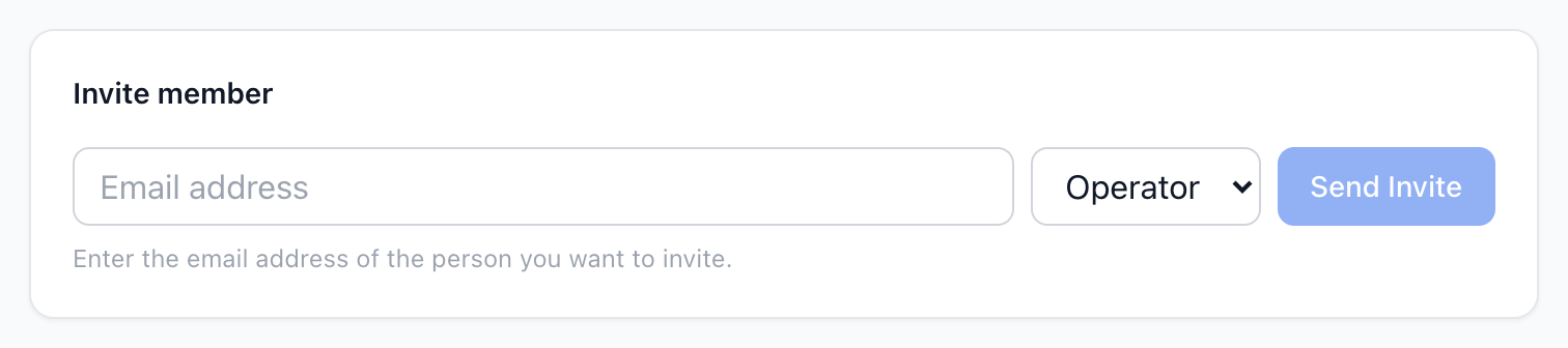 The invite form on the Team page: email address, role and Send Invite