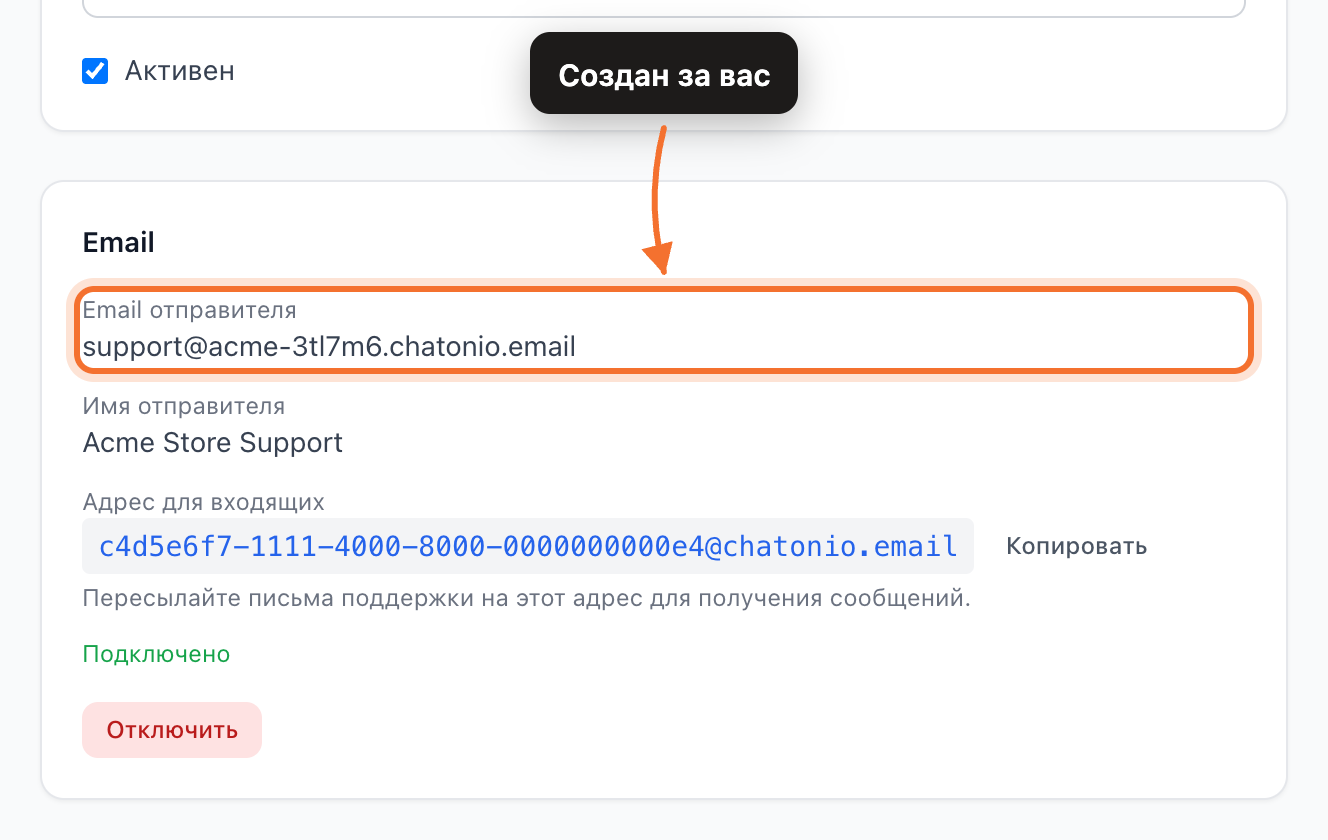 Подключённый канал, отправляющий с адреса Chatonio