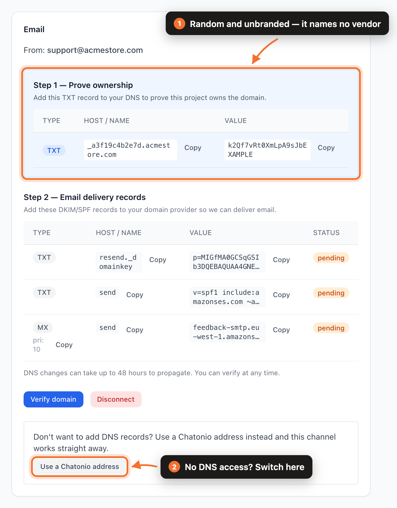 The two DNS record groups a domain needs, and the switch to a Chatonio address