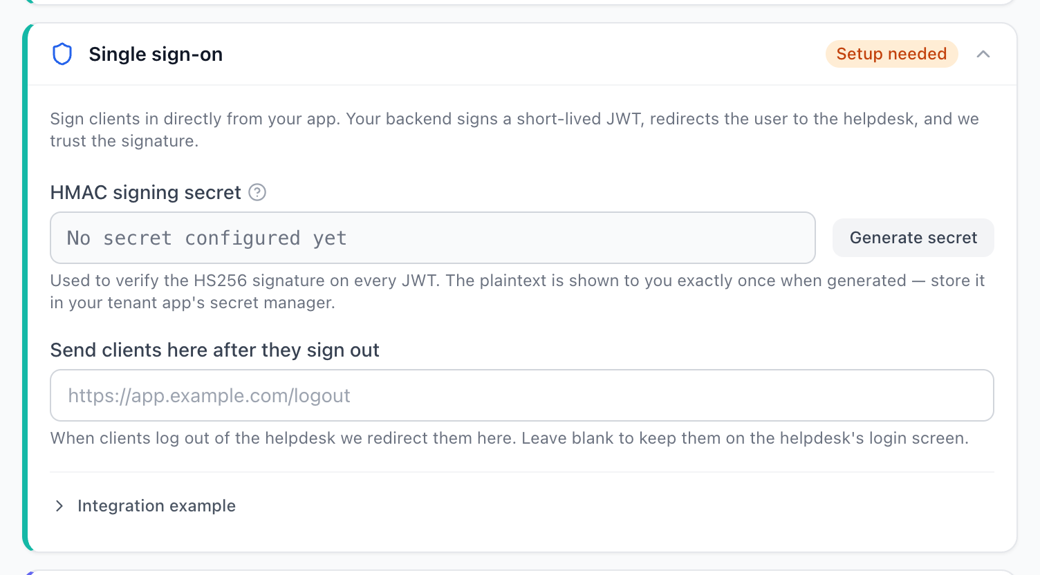 The Single sign-on section with no secret configured yet and the Generate secret button