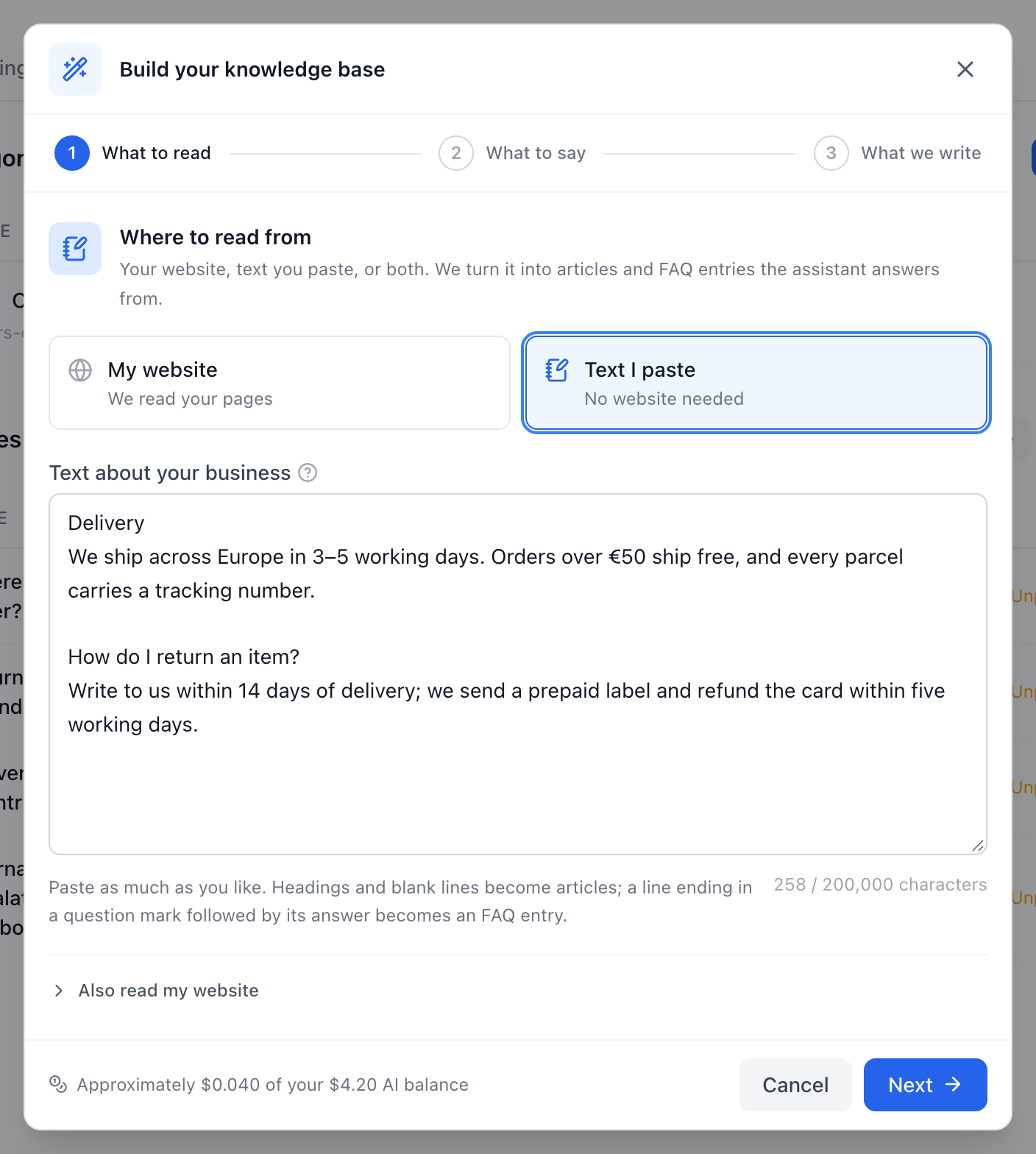 Step 1 of the wizard with Text I paste selected: the text box, its character counter, and the fold that offers your website as well