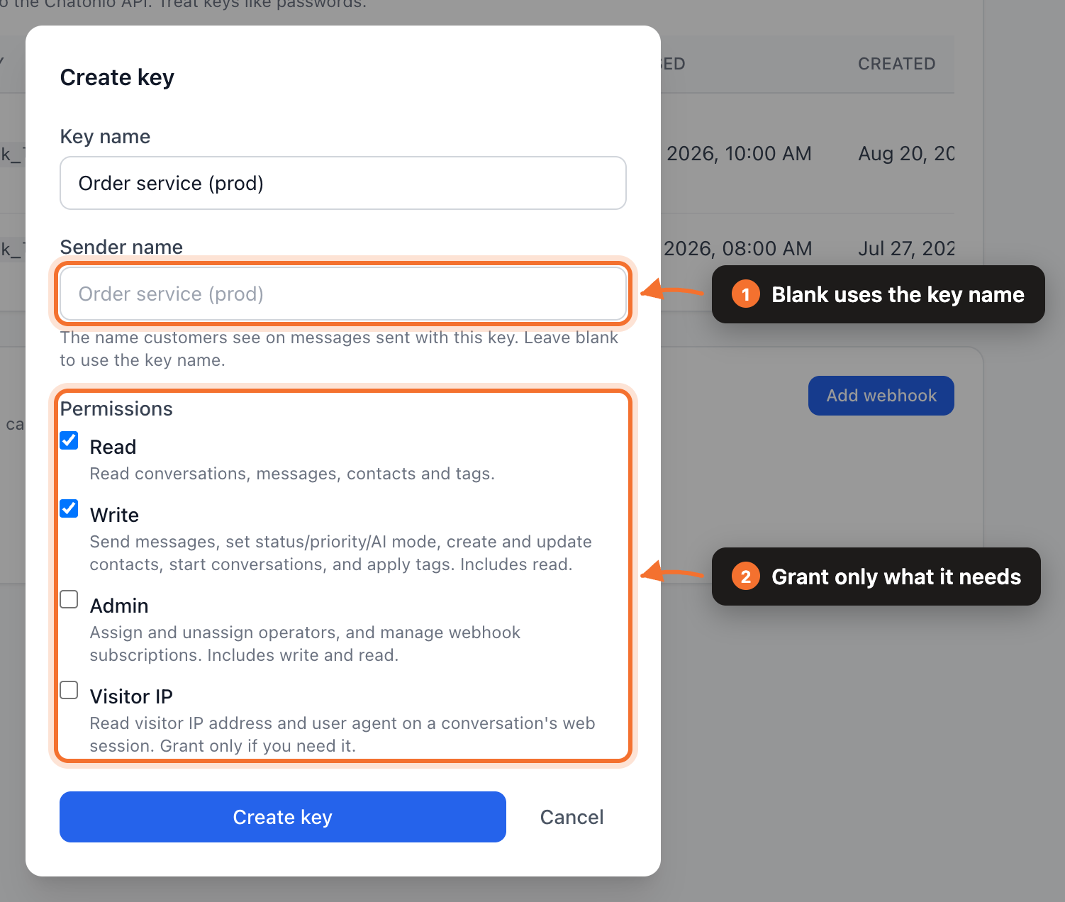 Creating an API key, with the four permission scopes