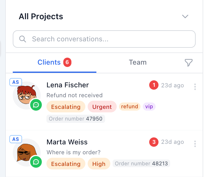 Two conversations in the inbox, each showing its order number under the status