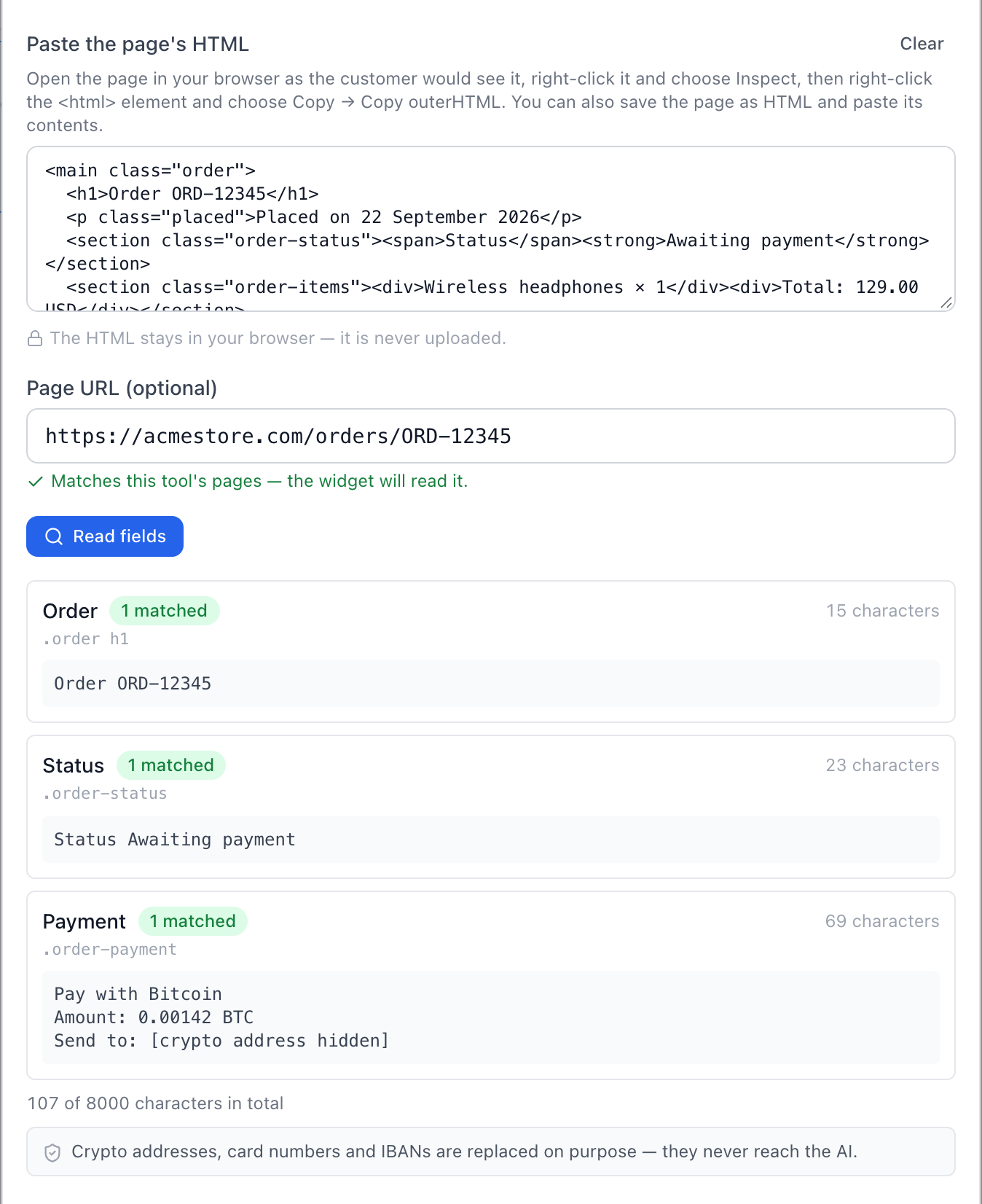 The tester reading three fields from a pasted order page, with the Bitcoin address hidden