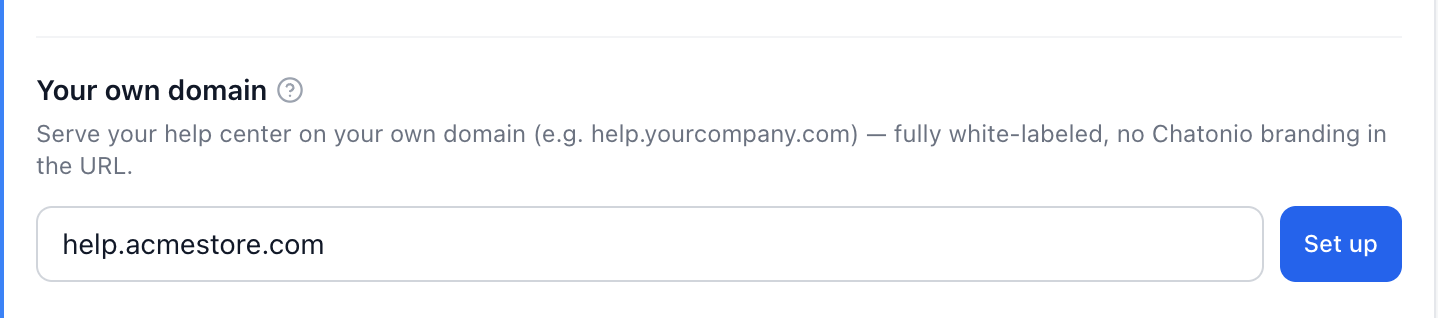The Your own domain block with a hostname typed in and the Set up button