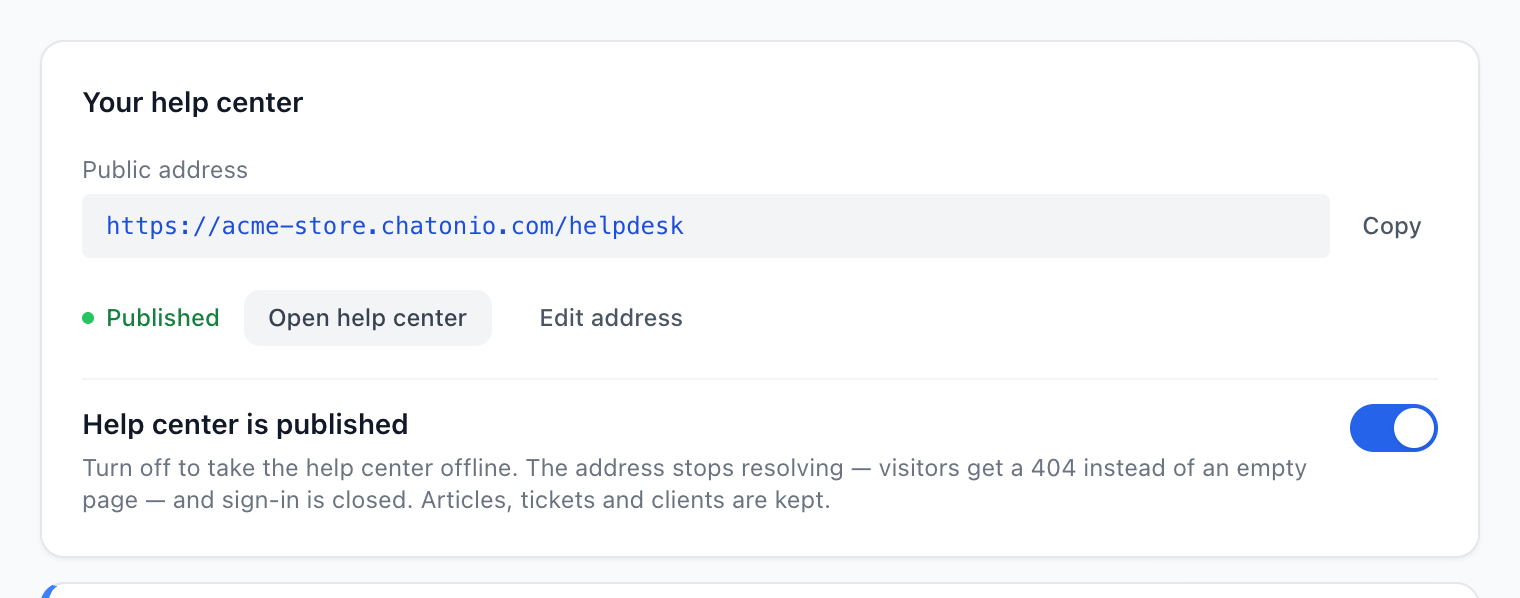 The Knowledge Base Settings tab: the public help centre address, its status, and the publish switch