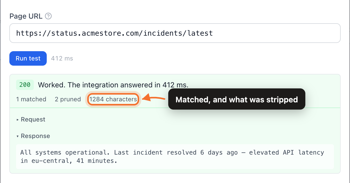 A parser test result showing how many elements the selector matched and the excludes removed