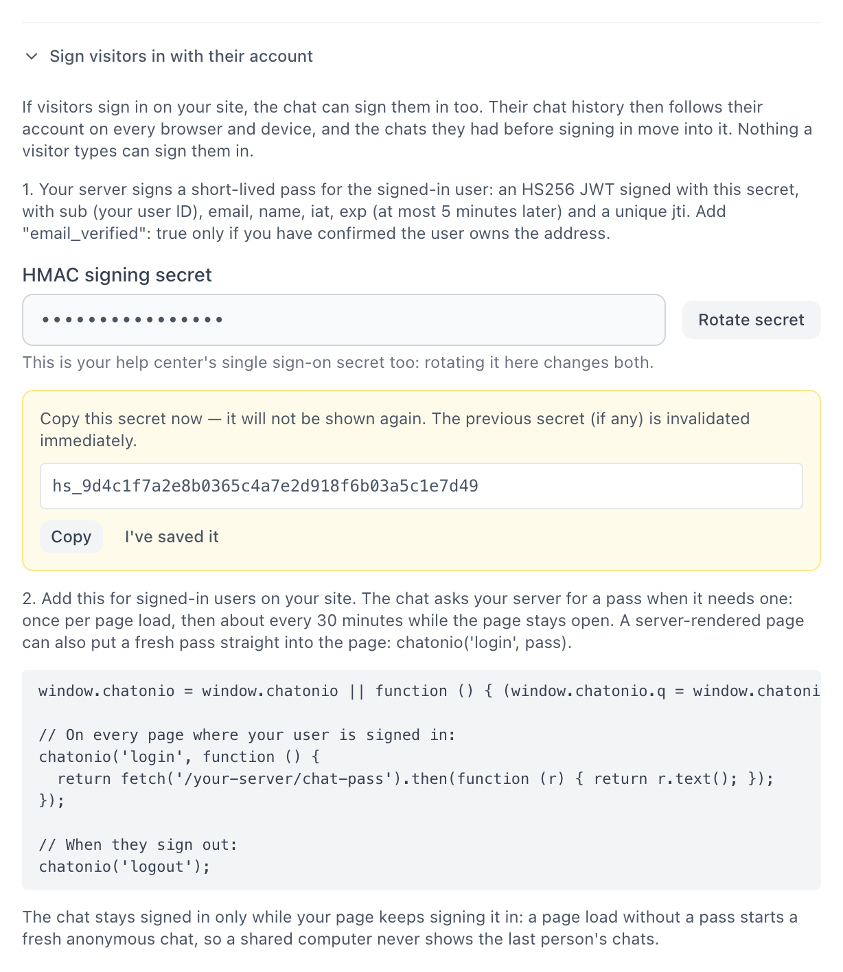 The Sign visitors in with their account section of the Web Chat Widget card after Generate secret: the hidden secret with Rotate secret, the one-time panel with Copy, and the code sample