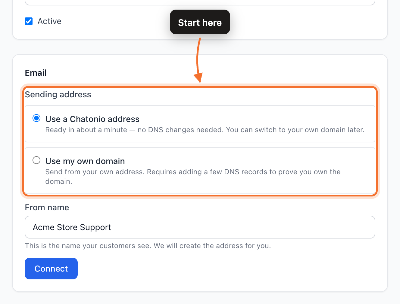 Choosing a sending address when connecting the Email channel