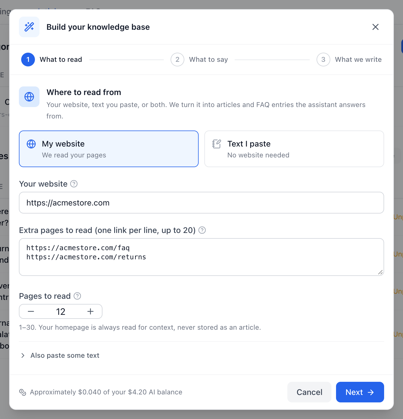 Step 1 of the wizard: the choice between your website and text you paste, then the site to start from, extra links, and how many pages to read